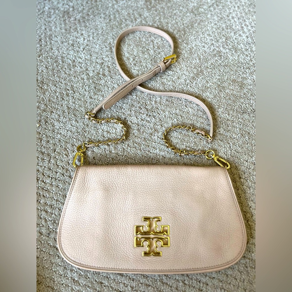Tory Burch Britten Leather Crossbody Purse with Chain Strap Pale Pink